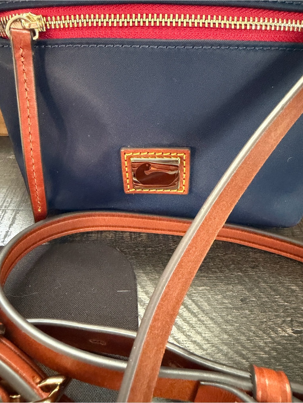 Dooney & Bourke Navy Crossbody with Brown Leather Trim and Red Accent - Picture 6 of 14